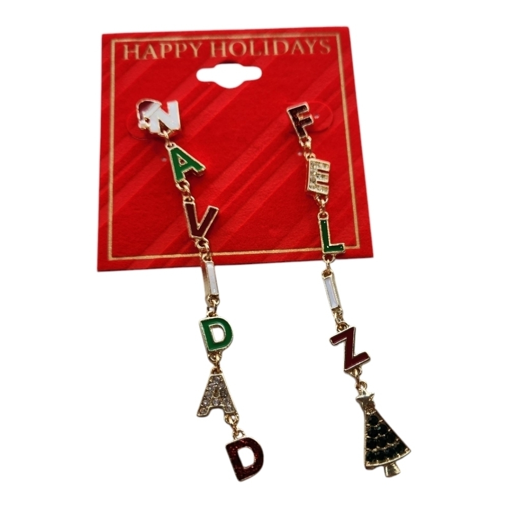 CRYSTAL and Glitter Gold Tone Linear Drop Christmas Feliz Navidad Earrings NWT